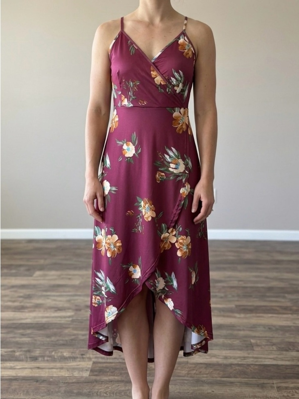 Burgundy Floral High-Low Wrap Dress Sleeveless Boho V-Neck Flowy Summer Maxi S